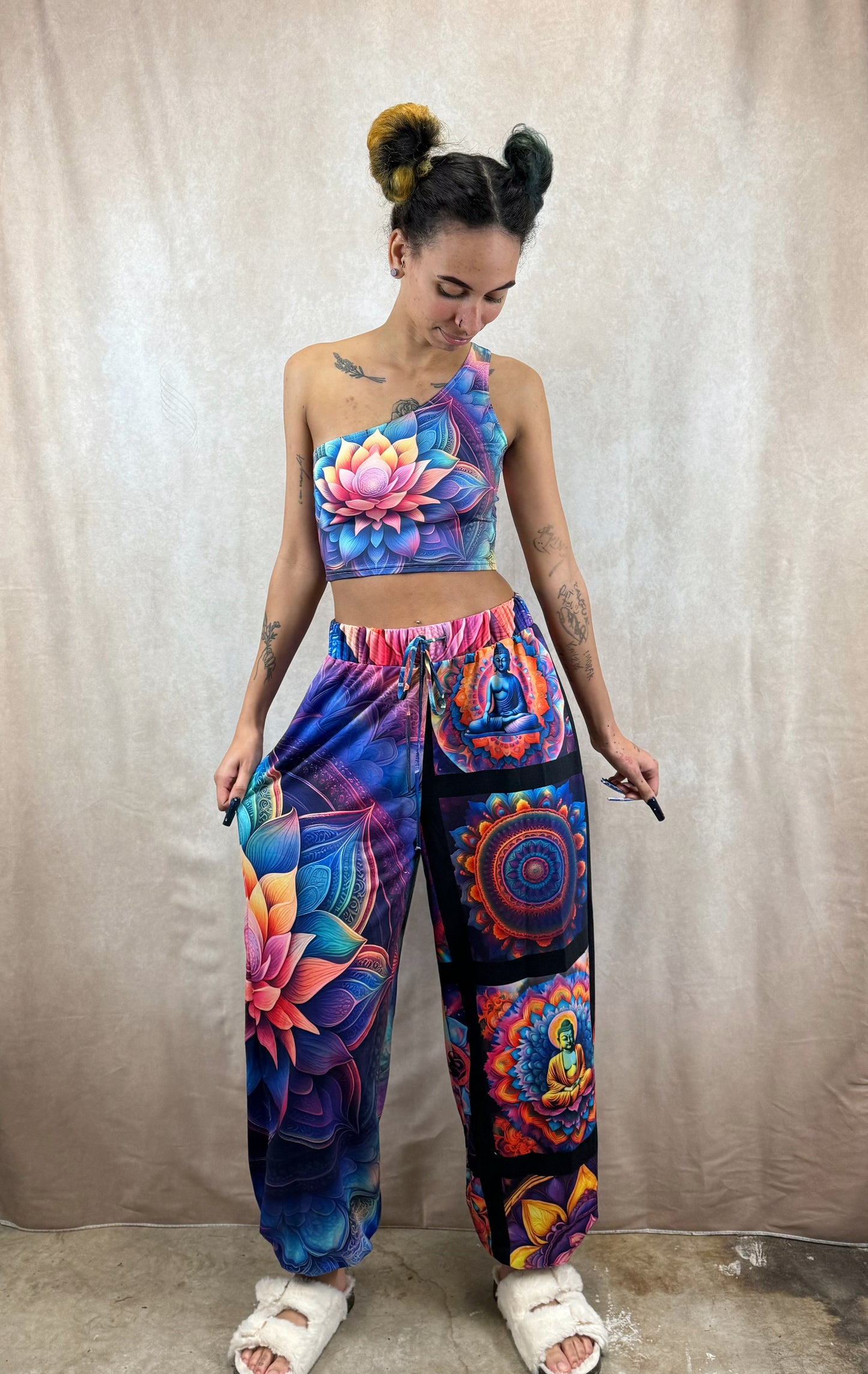 FloralAura Mandala One-Shoulder Cropped Top
