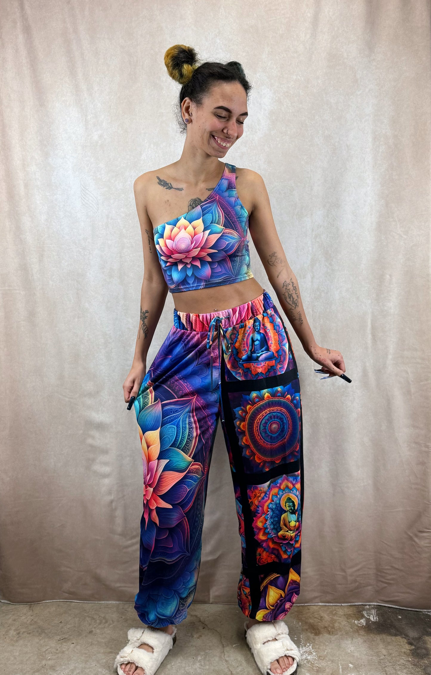 FloralAura Mandala One-Shoulder Cropped Top