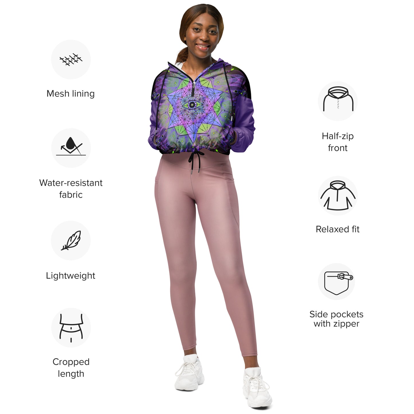Metatron's Cube Cropped Windbreaker - Women's Neon Geometric Festival Outfit