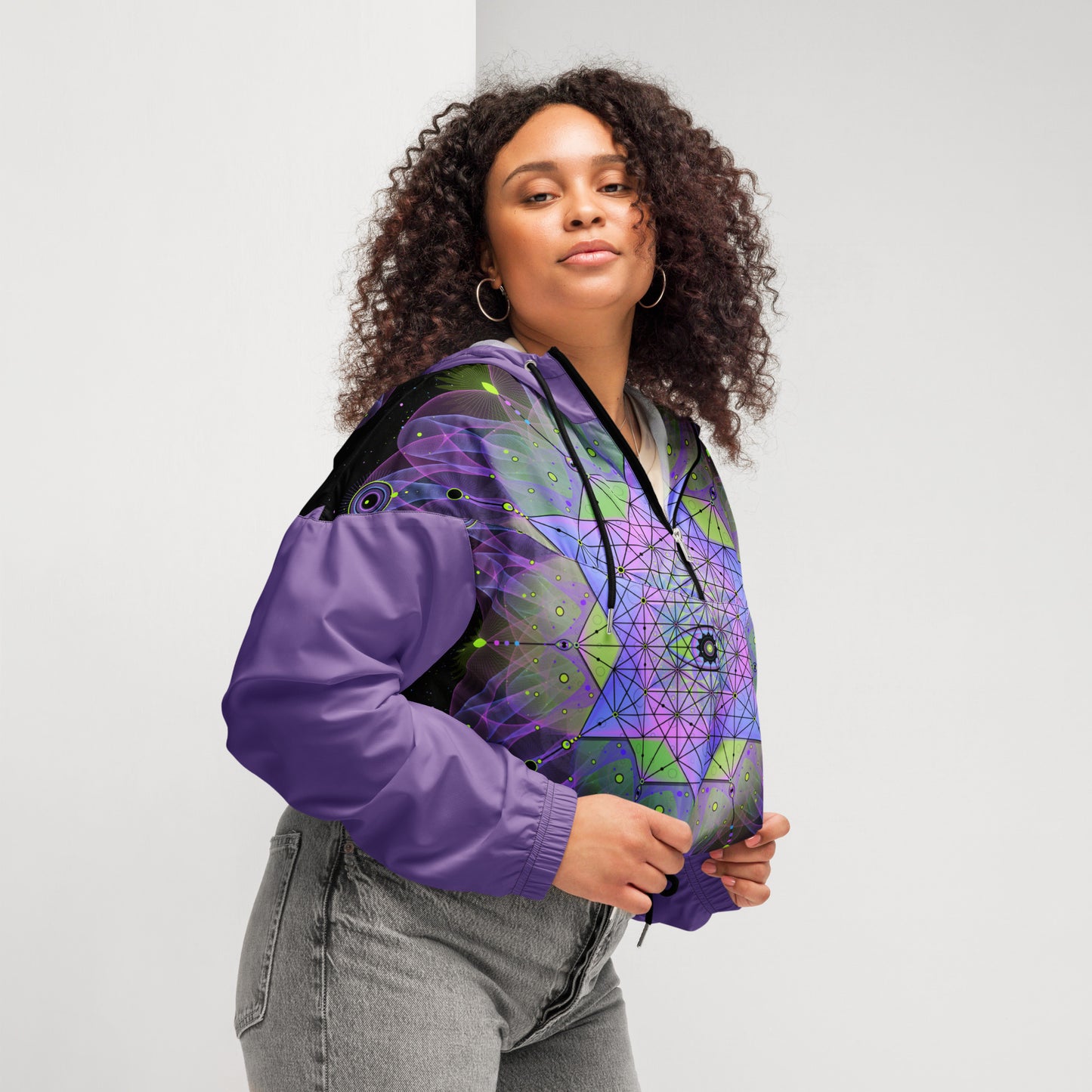 Metatron's Cube Cropped Windbreaker - Women's Neon Geometric Festival Outfit