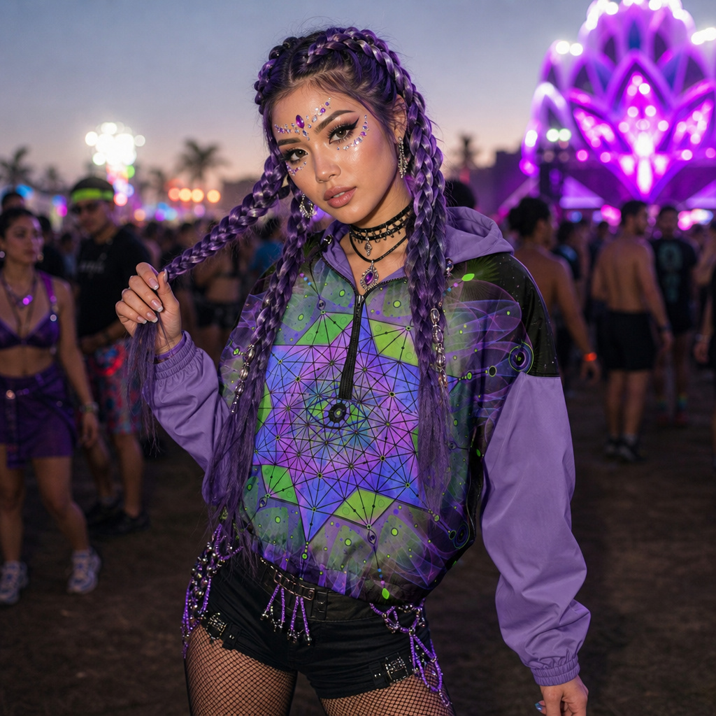 Metatron's Cube Cropped Windbreaker - Women's Neon Geometric Festival Outfit